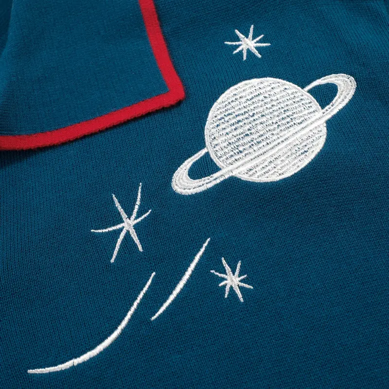 Men's Blue Rocket Planet Embroidered Polo Knit Shirt 2