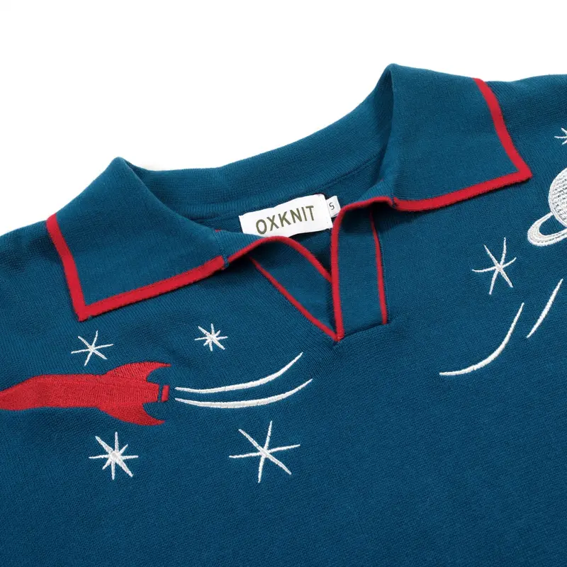 Men's Blue Rocket Planet Embroidered Polo Knit Shirt 3