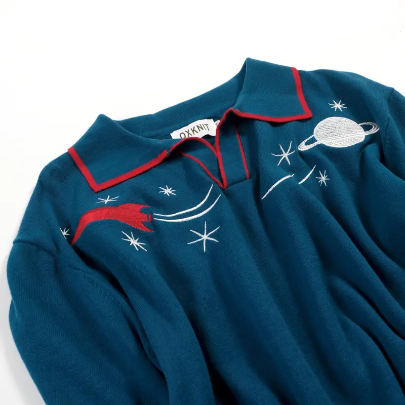 Men's Blue Rocket Planet Embroidered Polo Knit Shirt 6