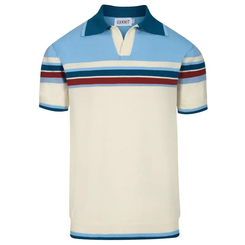 Men's Blue Striped Retro V-Neck Polo 1
