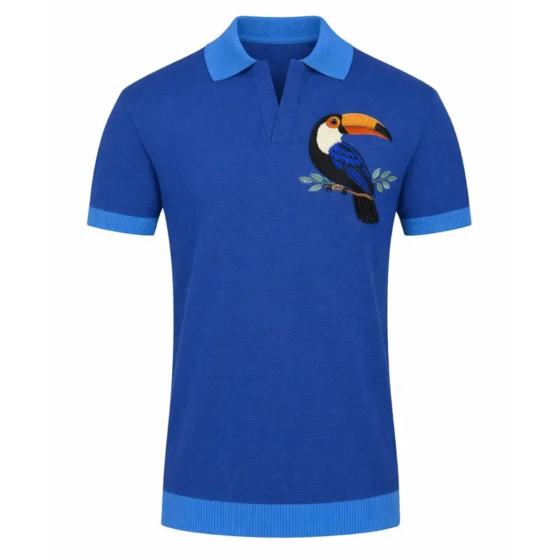 Men's Blue Vintage Animal Embroidery Knit V-Neck Polo 1