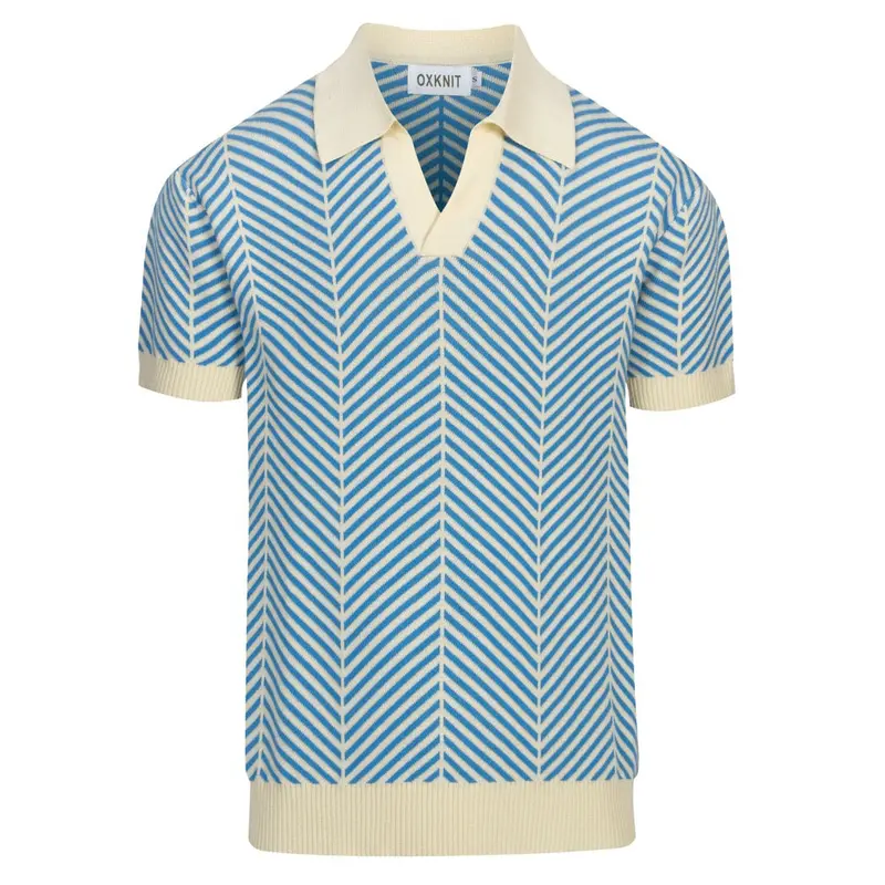Men's Blue Vintage Art Jacquard Polo Knit Shirt 1