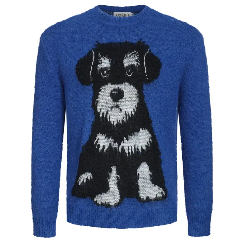 Men's Blue Vintage Dog Jacquard Plush Knitwear 1