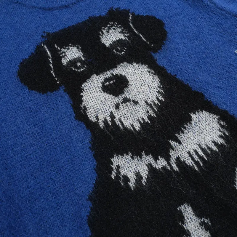 Men's Blue Vintage Dog Jacquard Plush Knitwear 2