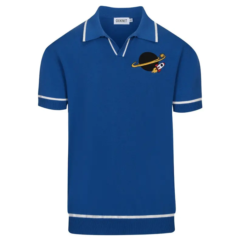 Men's Blue Vintage Planet Rocket Embroidered Polo Knit Shirt 1