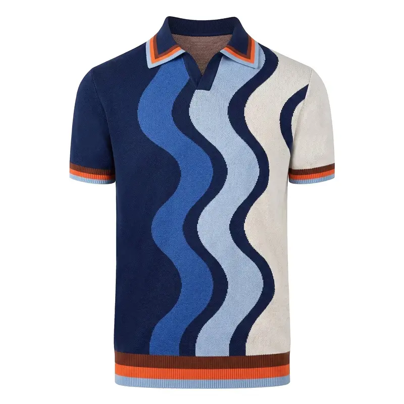 Men's Blue Vintage Wavy Striped Jacquard Polo Knit Shirt 1