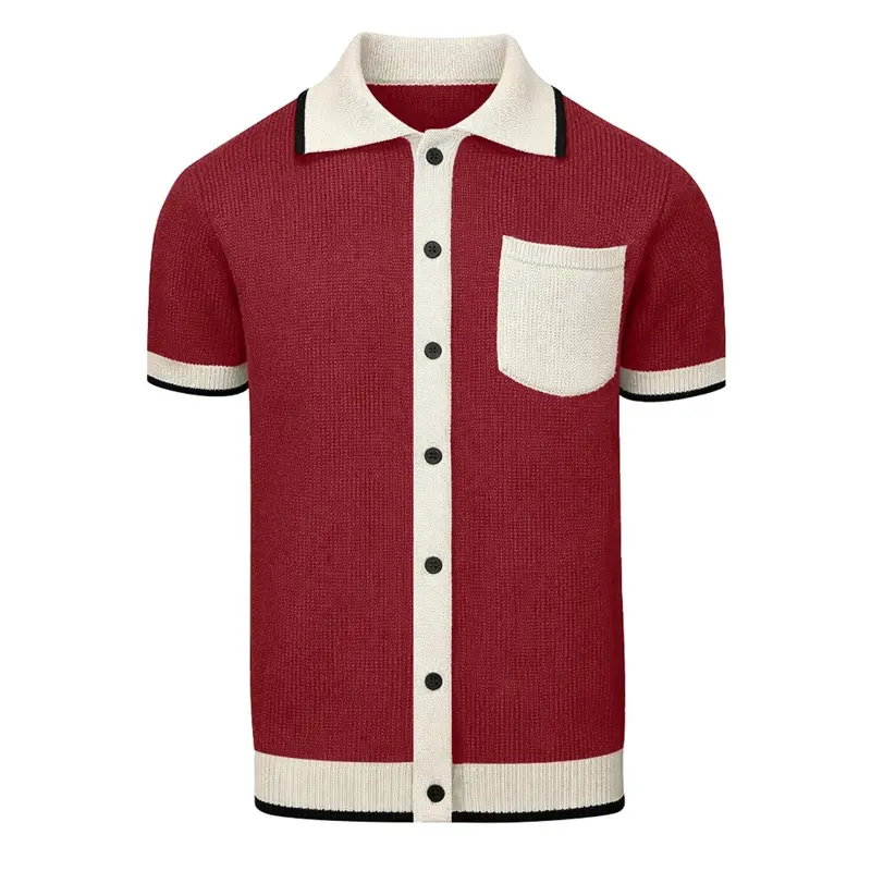 Men's Brick Red Retro Striped Design Knitted Cardigan 1