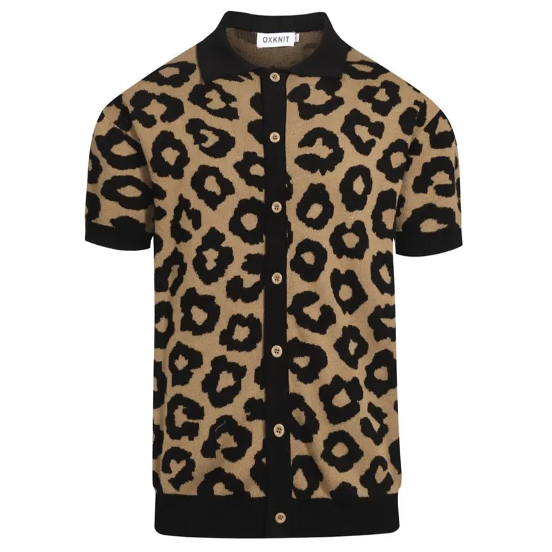 Men's Brown Leopard Print Vintage Jacquard Knitted Cardigan 1
