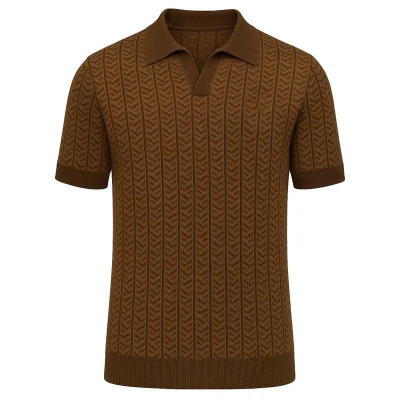Men's Brown Retro Era Knitted V-Neck Polo Shirt 1