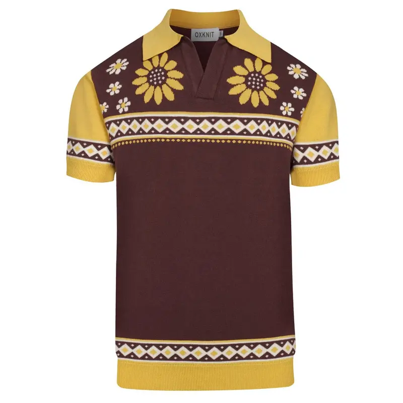 Men's Brown Retro Graphic V-Neck Knitted Polo 1