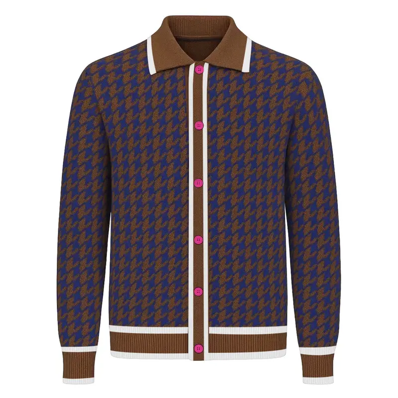 Men's Brown Streetwear Design Jacquard Knitted Cardigan 1