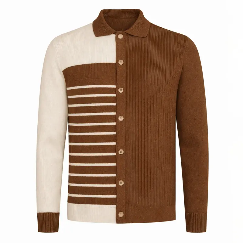 Men's Brown Striped Patchwork Vintage Jacquard Cardigan 1