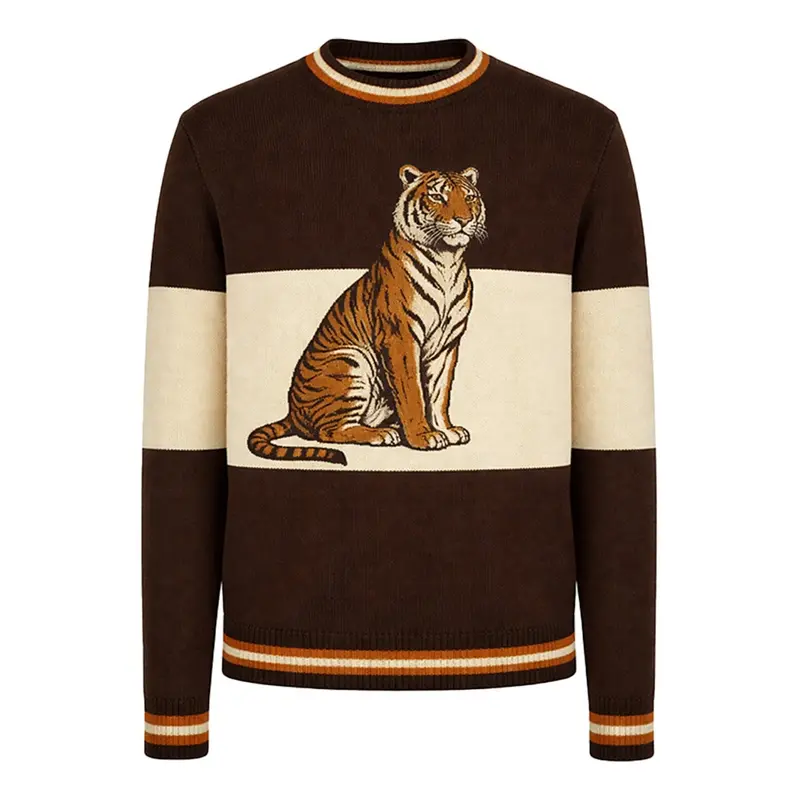 Men's Brown Tiger Embroidered Vintage Knitwear 1