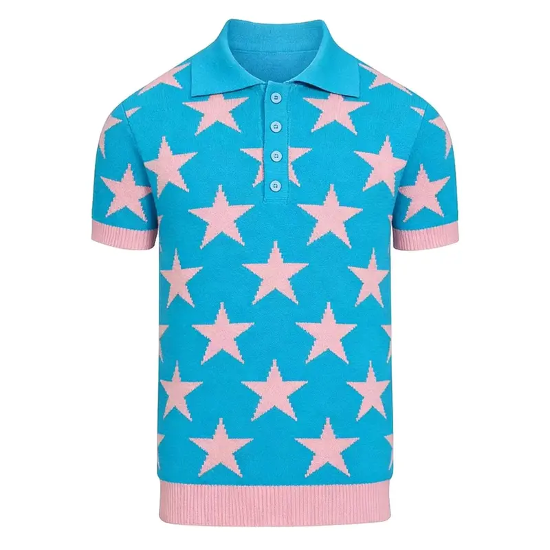 Men's Cerulean Vintage Star Art Jacquard Polo Knit Shirt 1