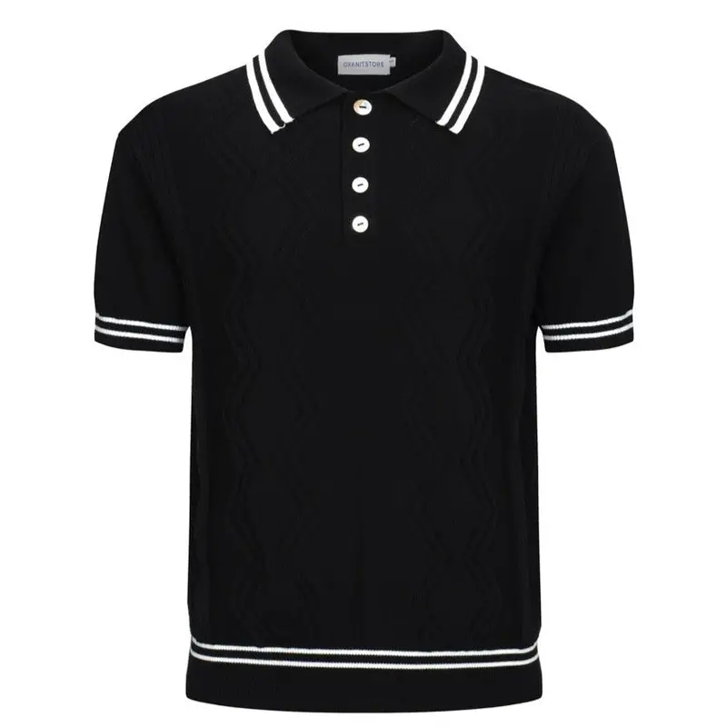 Men's Classic Black Cable Knit Polo – 60S Mod-Inspired Short Sleeve Shirt 1