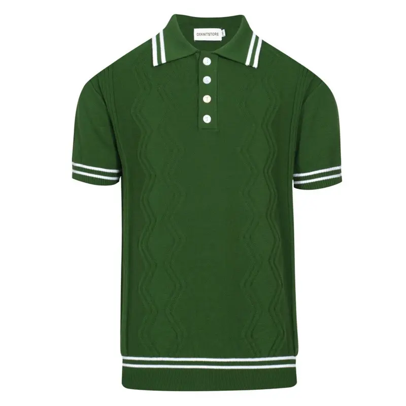 Men's Classic Green Cable Knit Polo – 60S Mod-Inspired Short Sleeve Shirt 1