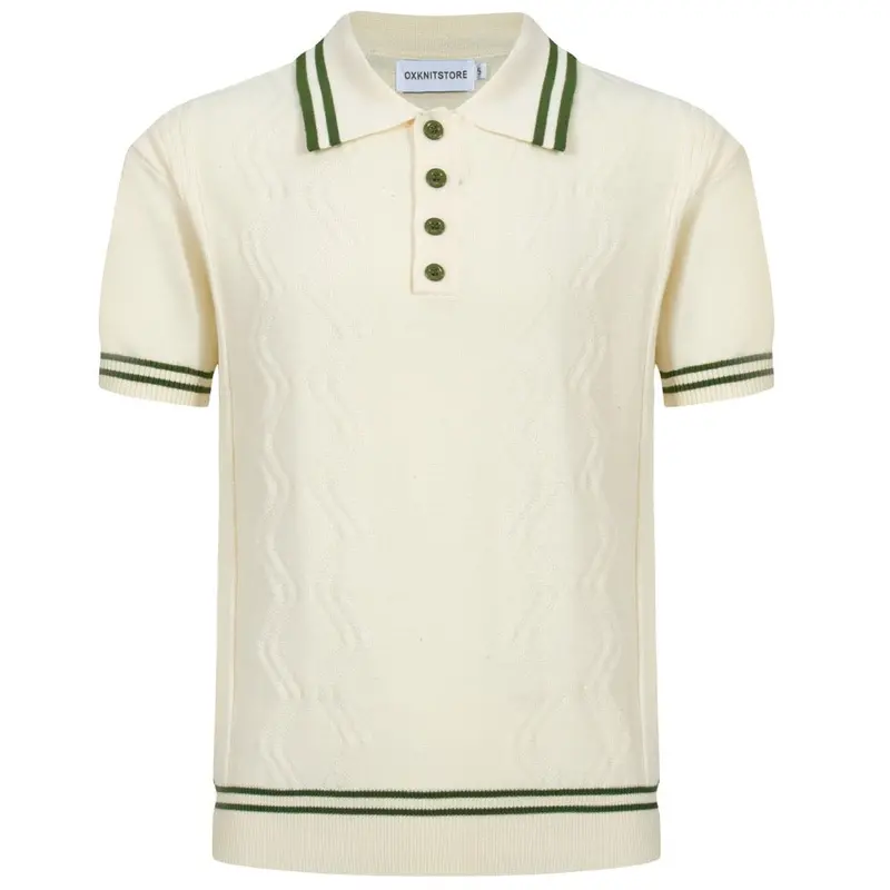 Men's Cream Knit Polo With Green Trim – 1960S Mod Vintage Style 1