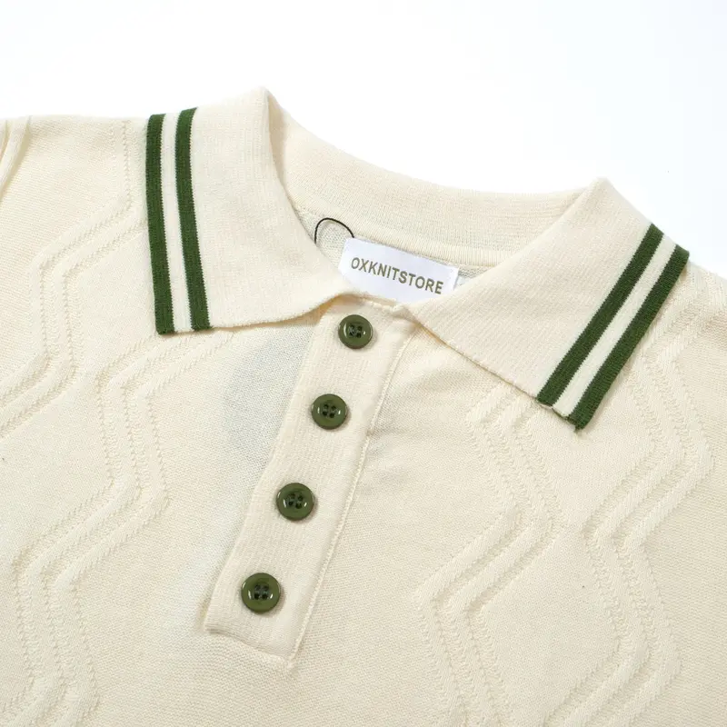 Men's Cream Knit Polo With Green Trim – 1960S Mod Vintage Style 3