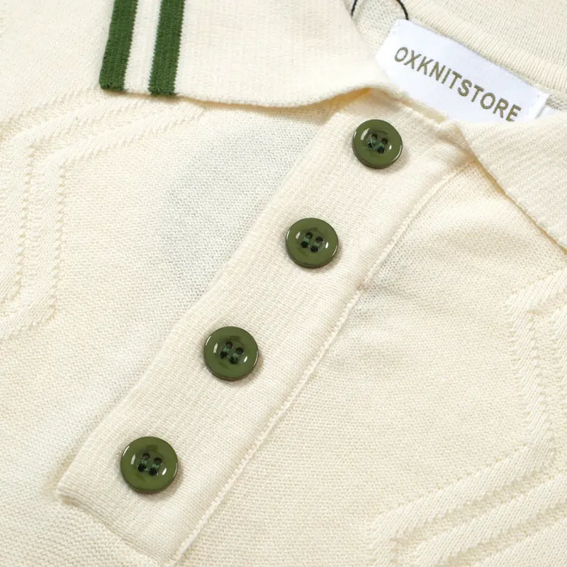 Men's Cream Knit Polo With Green Trim – 1960S Mod Vintage Style 7