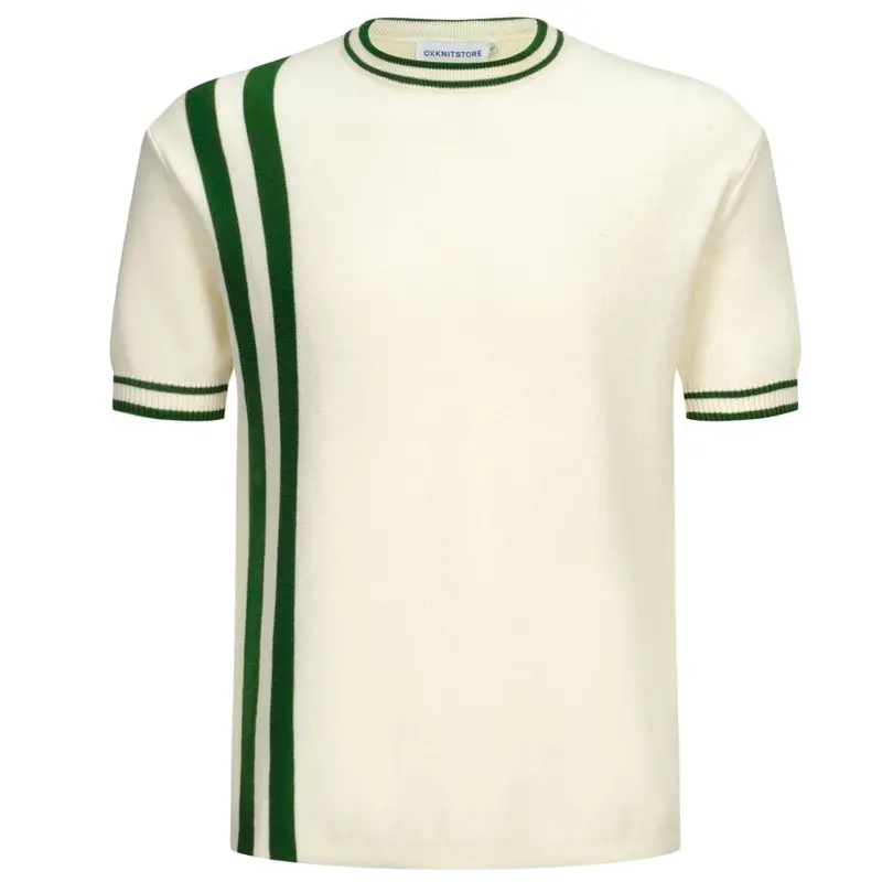 Men's Cream Knit Tee With Green Stripes – 1970S Mod Racing Style 1