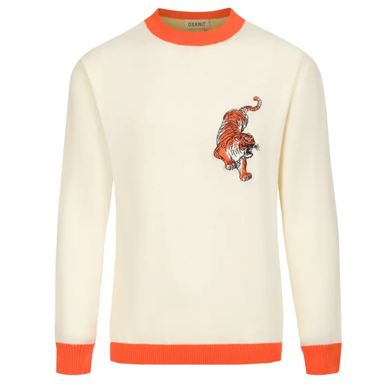 Men’S Cream Knitwear – Embroidered Animal With Orange Trim 1