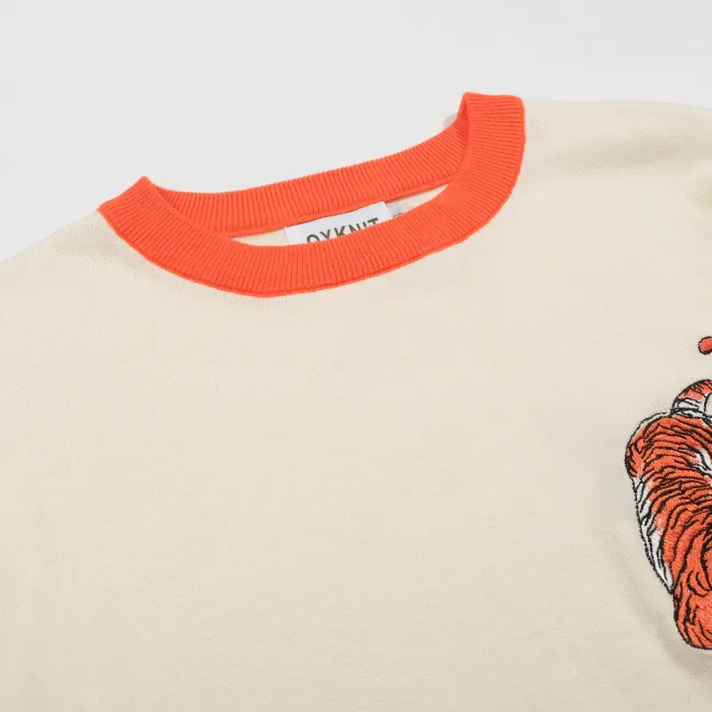 Men’S Cream Knitwear – Embroidered Animal With Orange Trim 4