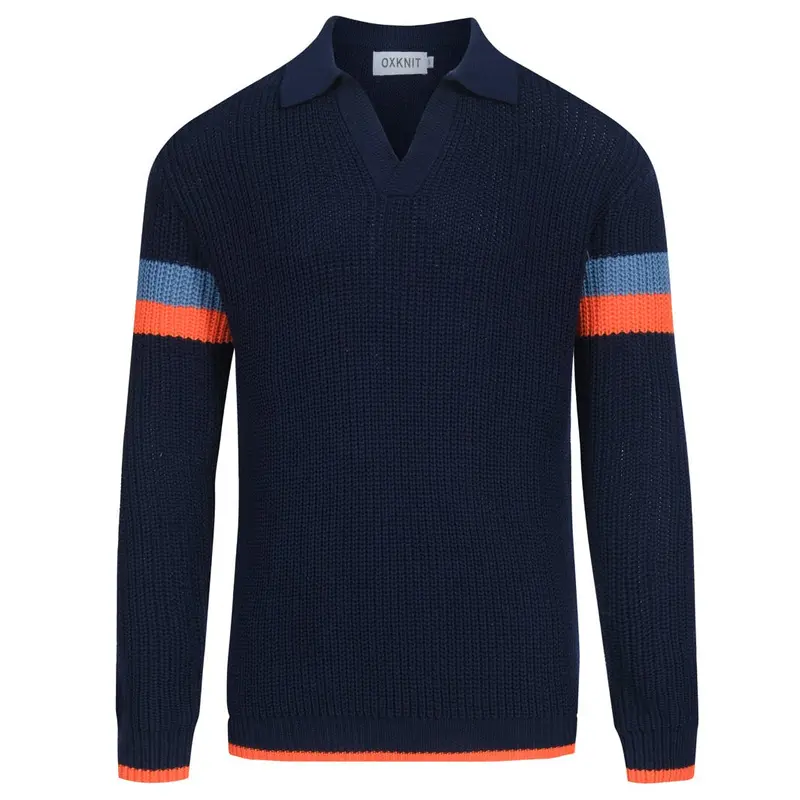 Men's Dark Blue Casual Retro V-Neck Knitwear 1