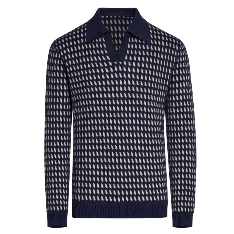 Men's Dark Blue Classic Art Retro Jacquard Knit Polo 1