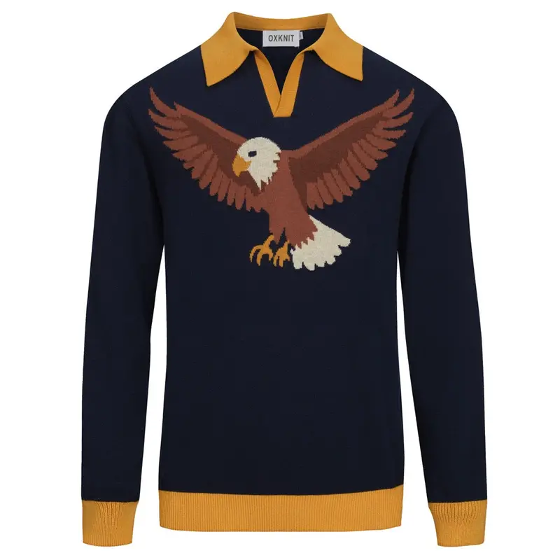 Men's Dark Blue Classic Bird Patterned Knitted Polo Shirt 1