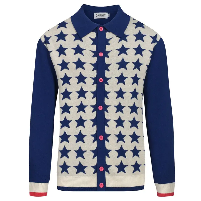 Men's Dark Blue Classic Retro-Style Jacquard Cardigan 1