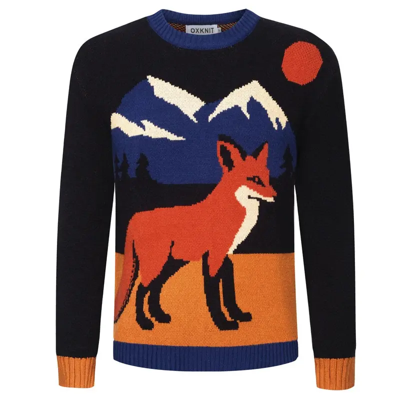 Men's Dark Blue Fox Jacquard Vintage Knitwear 1