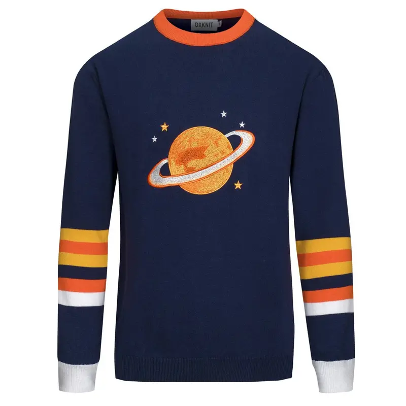 Men's Dark Blue Planet Embroidery Classic Knitwear 1