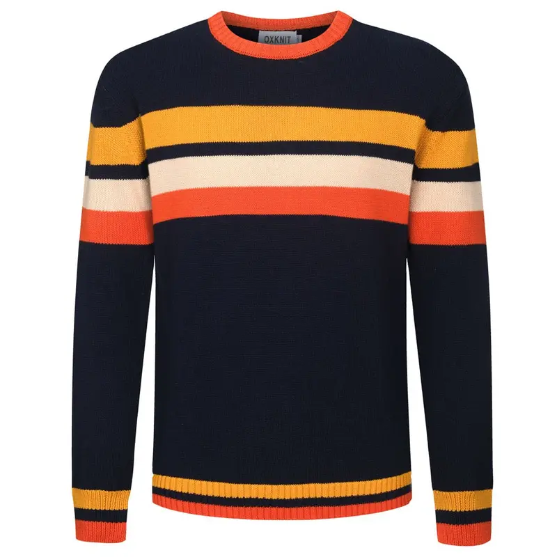 Men's Dark Blue Retro Art-Striped Fashionable Jacquard Round-Neck Knitwear 1