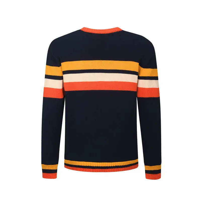 Men's Dark Blue Retro Art-Striped Fashionable Jacquard Round-Neck Knitwear 3