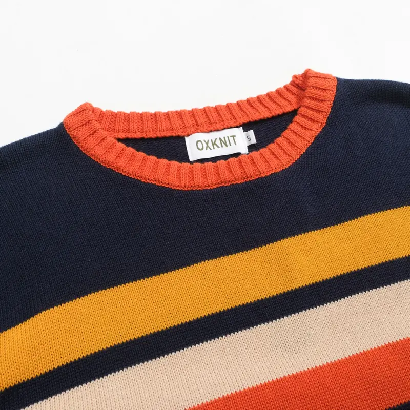 Men's Dark Blue Retro Art-Striped Fashionable Jacquard Round-Neck Knitwear 4