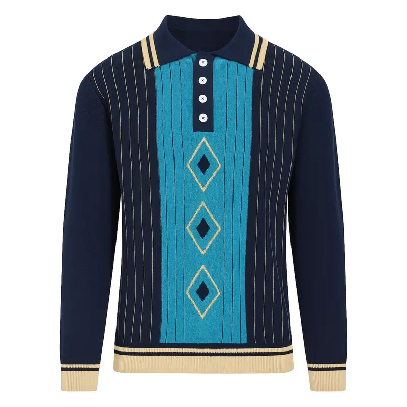 Men's Dark Blue Retro Striped Polo Knitwear 1