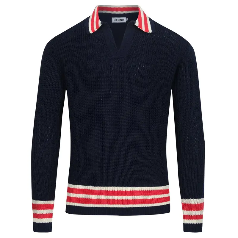 Men's Dark Blue Retro V-Neck Knitwear 1