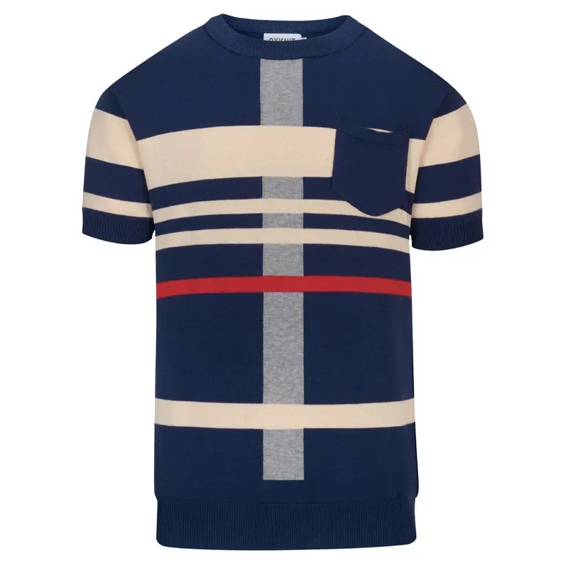 Men's Dark Blue Striped Pocket Vintage Knit T-Shirt 1