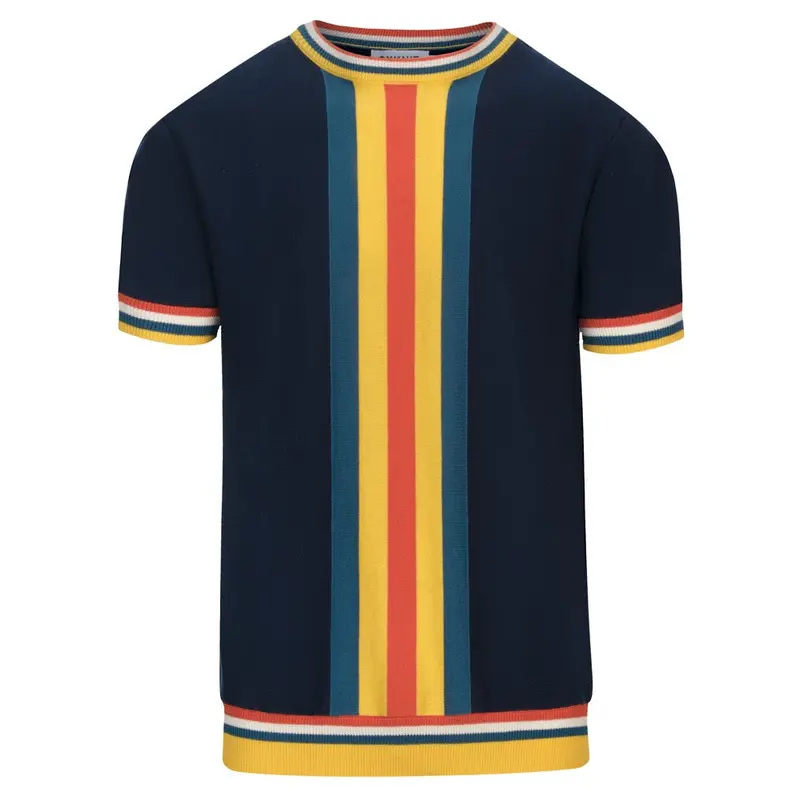 Men's Dark Blue Striped Vintage Preppy Knit T-Shirt 1