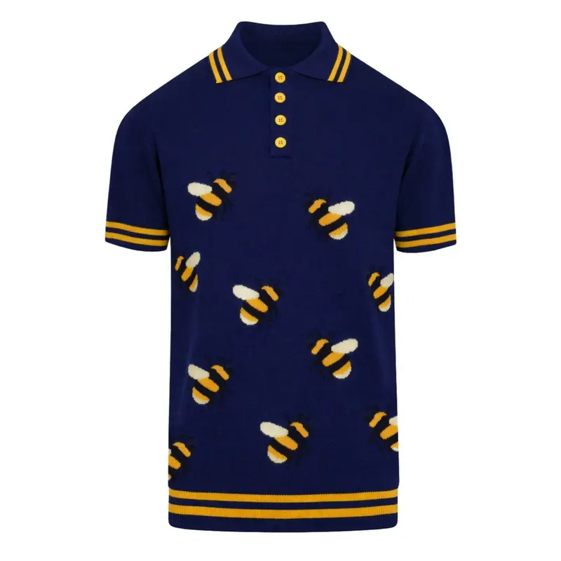 Men's Dark Blue Vintage Bee Short-Sleeved Knitted Polo Shirt 1
