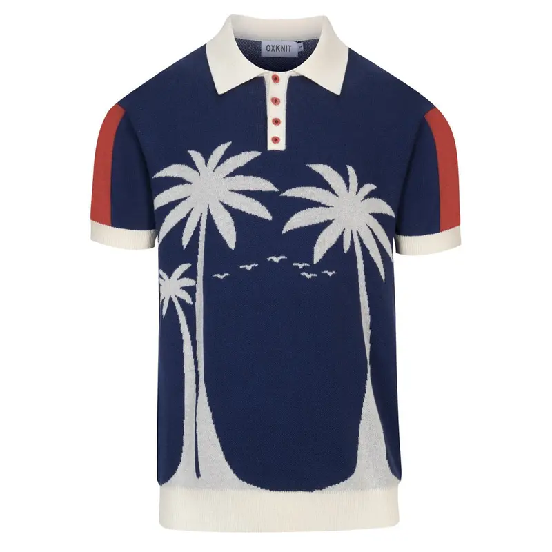 Men's Dark Blue Vintage Coconut Tree Jacquard Polo Knit Shirt 1