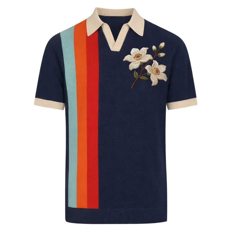 Men's Dark Blue Vintage Floral Embroidered Polo Knit Shirt 1