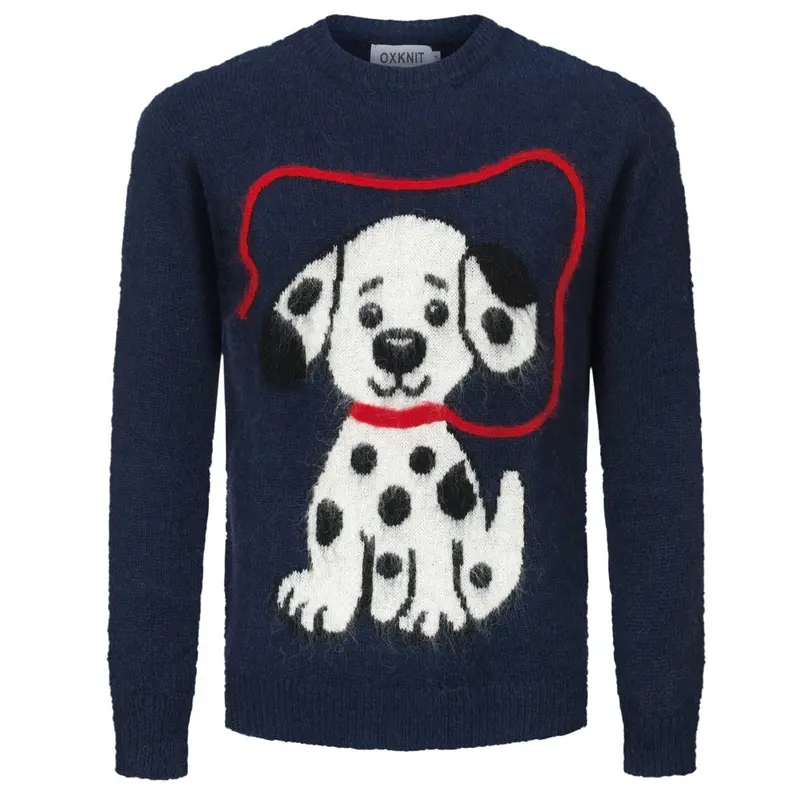 Men's Dark Blue Vintage Spotted Dog Jacquard Wool Knitwear 1