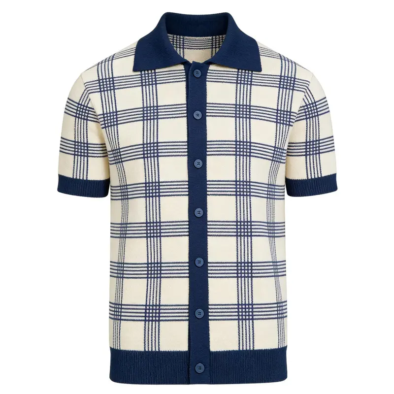 Men's Dark Blue Vintage Striped Jacquard Knitted Cardigan 1