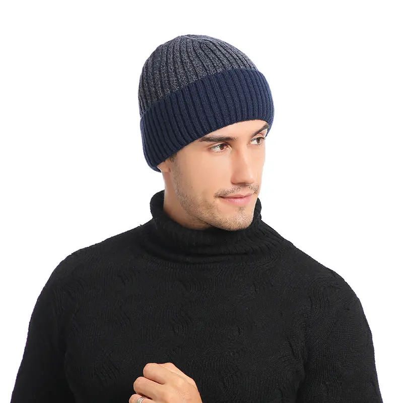 Men's Double Layer Woolen Cap Adult New Plus Velvet Warm Knitted Hat 1