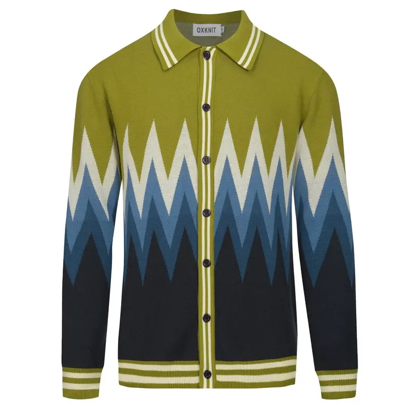Men's Green Classic Vintage Striped Art Jacquard Knitted Cardigan 1
