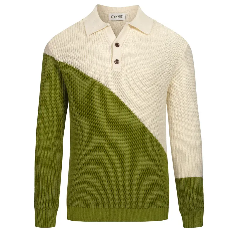 Men's Green Color-Blocked Retro V-Neck Polo Shirt 1