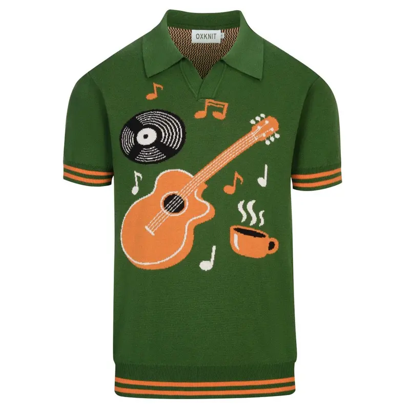 Men's Green Guitar Retro V-Neck Short-Sleeved Polo 1