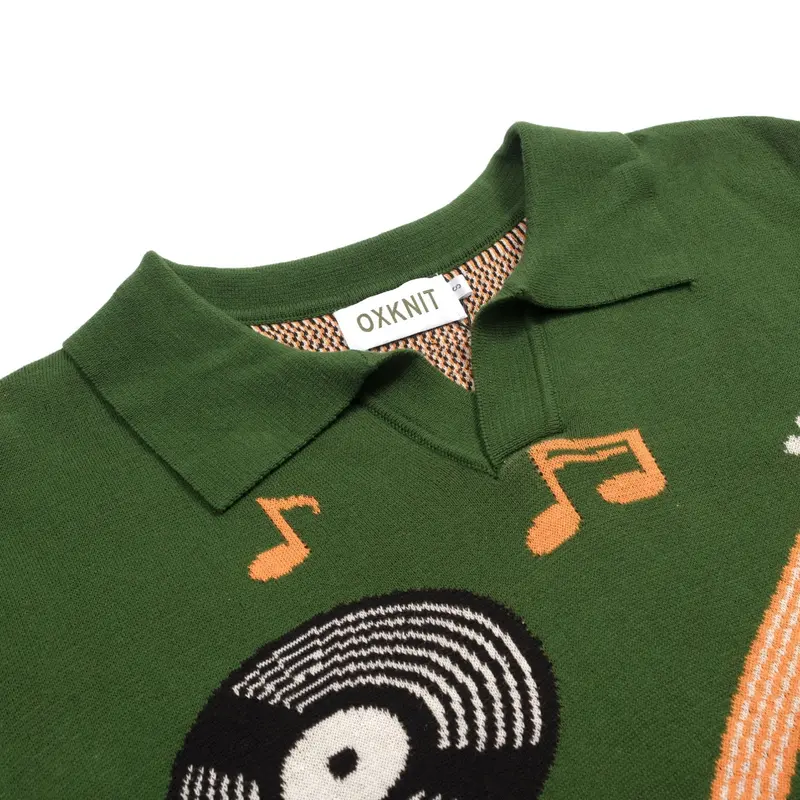 Men's Green Guitar Retro V-Neck Short-Sleeved Polo 3