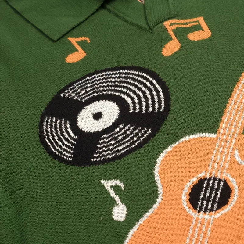 Men's Green Guitar Retro V-Neck Short-Sleeved Polo 5